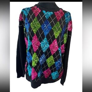 Eminent colorful 1980s sequined black knit cotton blend sweater‎ ladies size Med